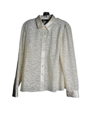 Rafaella Long Sleeve Semi Sheer Jacquard Button Down Blouse Size 10 Winter White